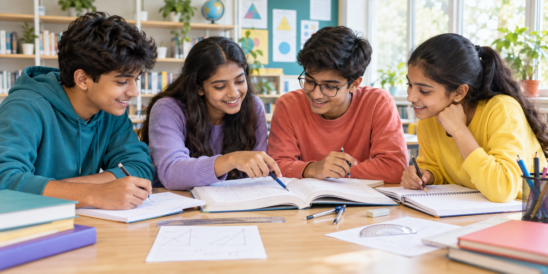 High-school students solving mathematics together with books and pens